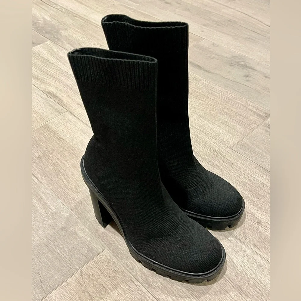 Zara Black Sock Womens Booties Block Chunky Heels Size 36